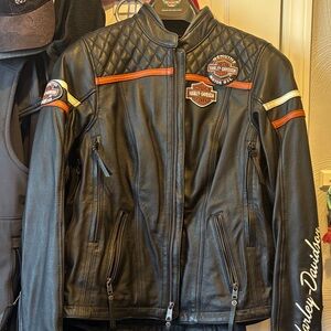 Harley-Davidson Black Leather Jacket with Orange Stripes
